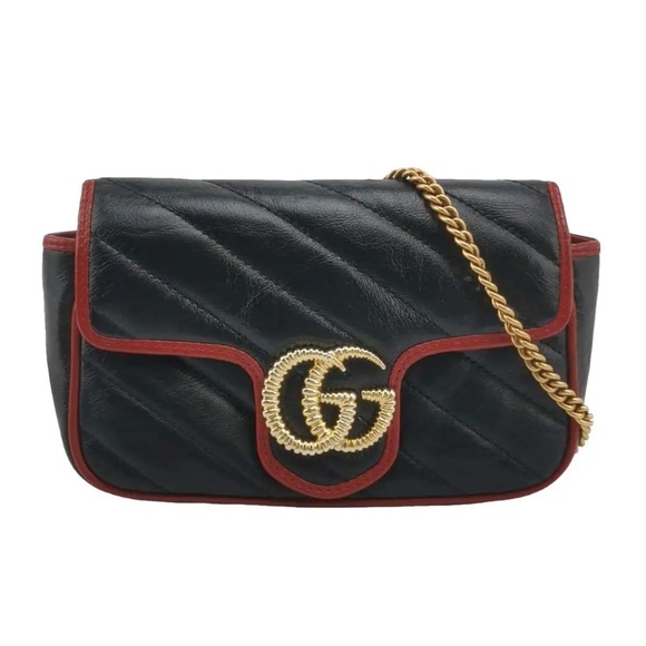 Authentic GUCCI GG Marmont Black x Red Leather Mini Crossbody Shoulder Bag Purse - Picture 1 of 12